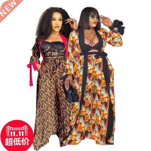 Oversized African print pants + cape suit for women大码