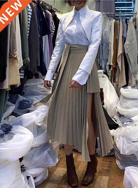 Spring Irregular Sashes Mid Calf Women Pleated Skirt Khaki P