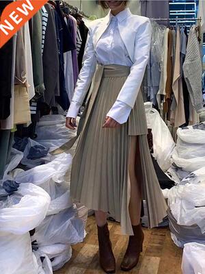 Spring Irregular Sashes Mid Calf Women Pleated Skirt Khaki P