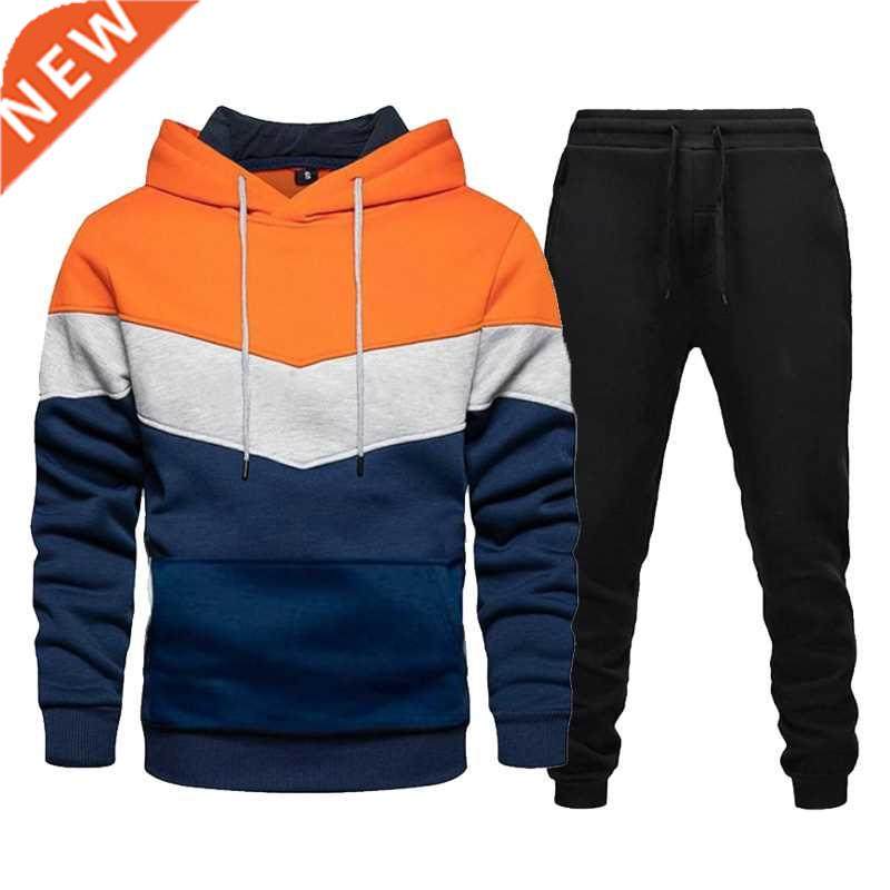Men's Tracksuits Two Piece Sets Color Stitching Hoodie and P - 实物图