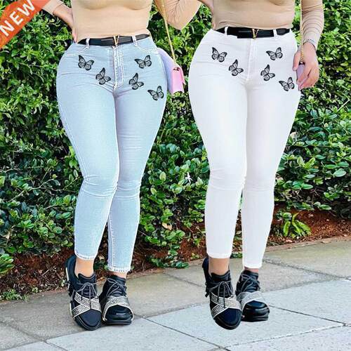 Women's high-waisted printed denim pencil pants铅笔裤女高腰
