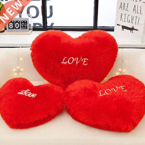 Red Love Heart Shape Throw Pillow Letters Embroidered Long