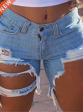 大码夏季时尚撕烂破洞牛仔短裤Women's denim shorts, plus size