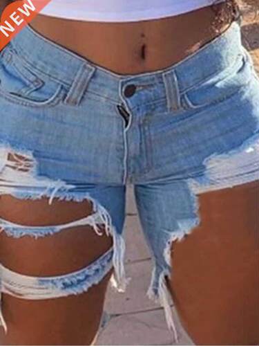 大码夏季时尚撕烂破洞牛仔短裤Women's denim shorts, plus size