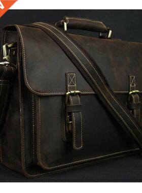 Vintage Crazy Horse Leather Men Briefcase Laptop Bag Work Bu