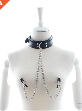 New Leather Choker Collar With Nipple Breast Clamp Clip Chai