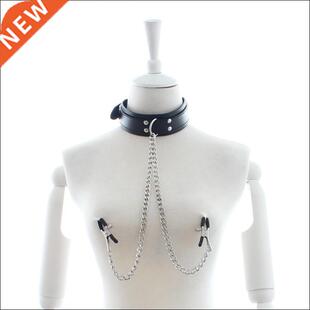 New Leather Choker Collar With Nipple Breast Clamp Clip Chai