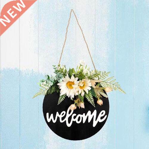 16in Welcome Sign Artificial Green Leaves Hanging Front