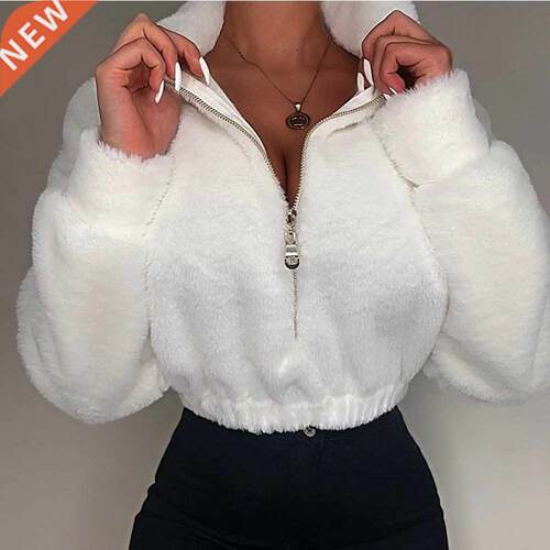 Women Casual Loose Winter Crop Tops Solid Color Fully Stand-