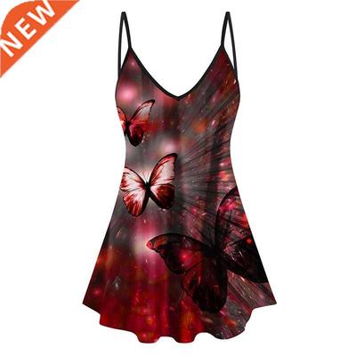 V-neck Butterfly Print Spaghetti Strap Tank Top Women Summer