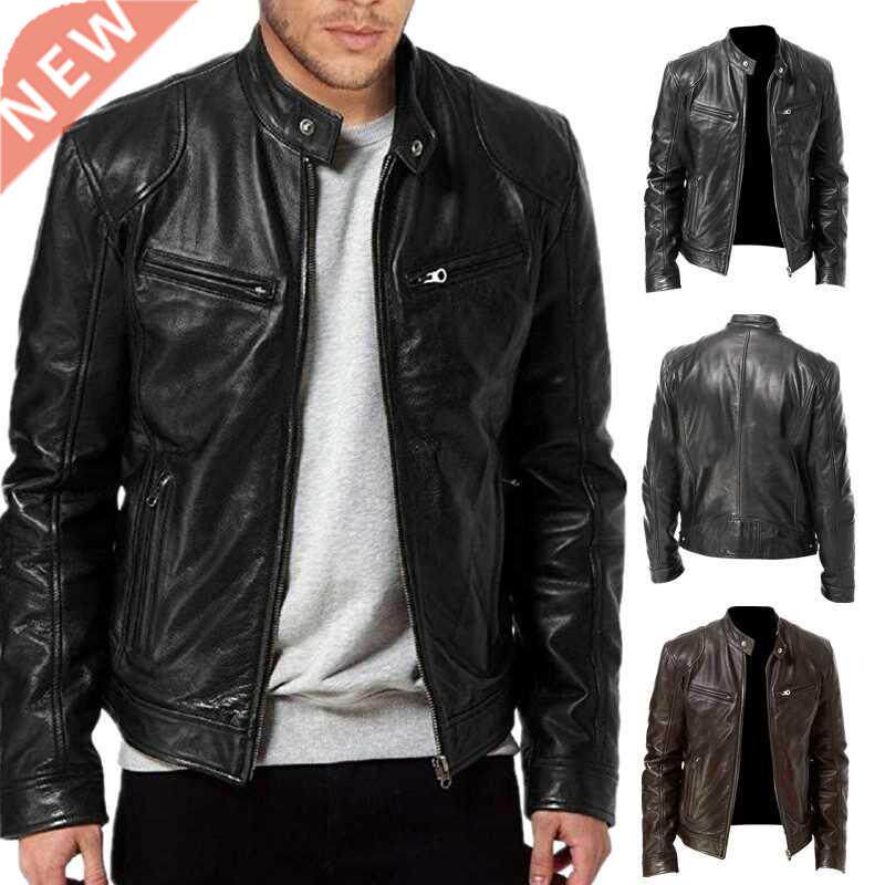 Mens Fashion Leather Jacket Slim Fit Stand Collar PU Jacket图片