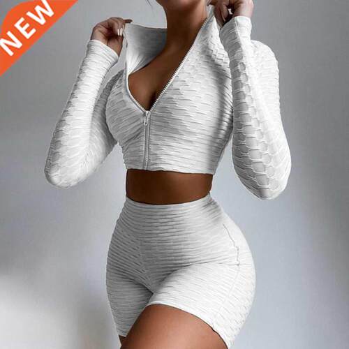 Summer 2Pcs Sports Suit Women Sportswear Solid Color Pineapp