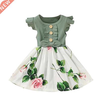 Toddler Baby Girls Ribbed Floral Dress Kids Summer Dress Fly
