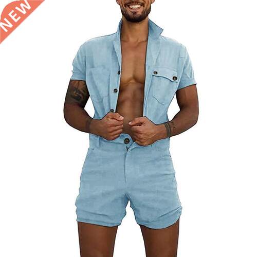 Men Home Zipper Pocket Fashion Jumpsuit Summer Pure-colour L