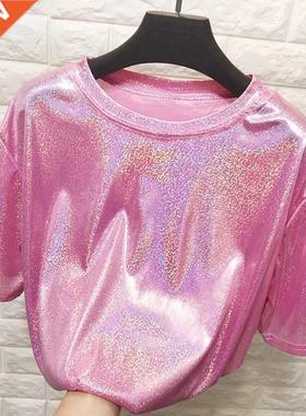 New summer retro style stylish bright silk woman tops shiny