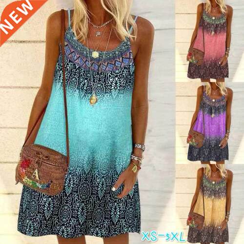 S-5XL Summer Women Beach Dress Printed Sling Ladies Loose Bo