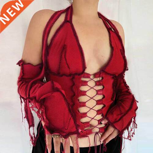 2020 Backless Halter Ribbed Tie Front Top Women Long Sleeve