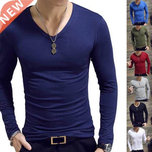 2022 Men Casual T Shirts Long Sleeve Print Tops V neck Slim