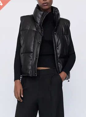 Elina Black Stand Collar Vests Women Fashion Zipper PU Leath