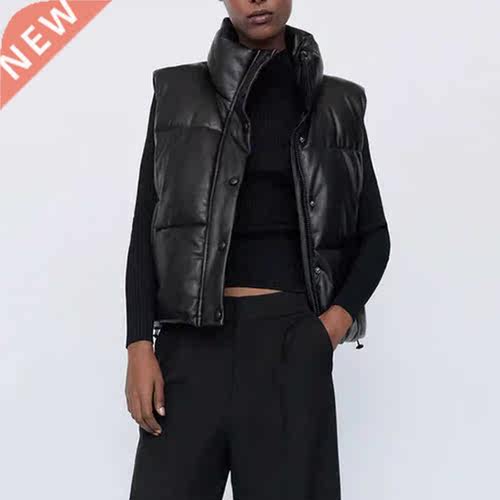Elina Black Stand Collar Vests Women Fashion Zipper PU Leath