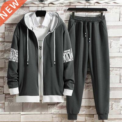 2 Pieces Sets Printed Tracksuit Men Hooded Sweatshirt+Jogger