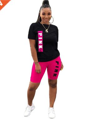 2 Piece Set Color-Blocking Letter Printed T-Shirts Tops Shor