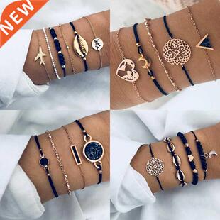 New Bohemian Black Rope Chain Bracelet Set For Women aircraf