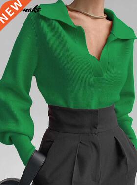 Oyasnake 2022 Spring Women Sweater V-Neck Turn-down Collar F