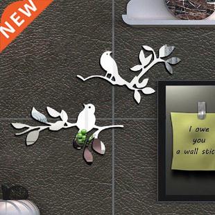 2Pcs 3D Mirrors Birds Branch Wall Stickers Decal Wall Art