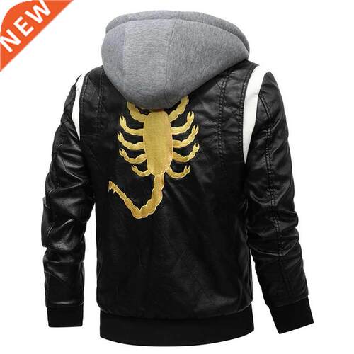 2021 New Spring Leather Men	s Jacket Removable Hoodie