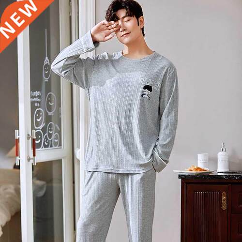 Men's Soft Cotton Pajamas Set Autumn Winter Male Warm Thicke