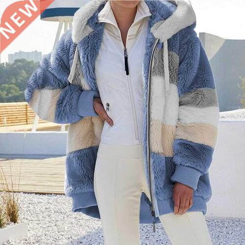 Women Warm Plush Jackets Autumn Winter Faux Fur Patchwork Ov