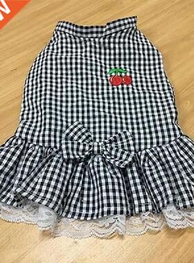 Pet Dog Plaid Dress Summer owknot Lace Costume Cat Dog