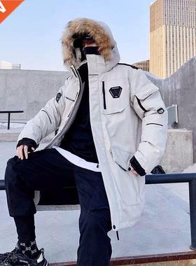 Men's White Duck Down Jacket Cargo Warm Hooded Thick Puffer