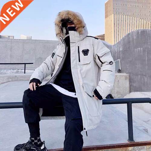 Men's White Duck Down Jacket Cargo Warm Hooded Thick Puffer