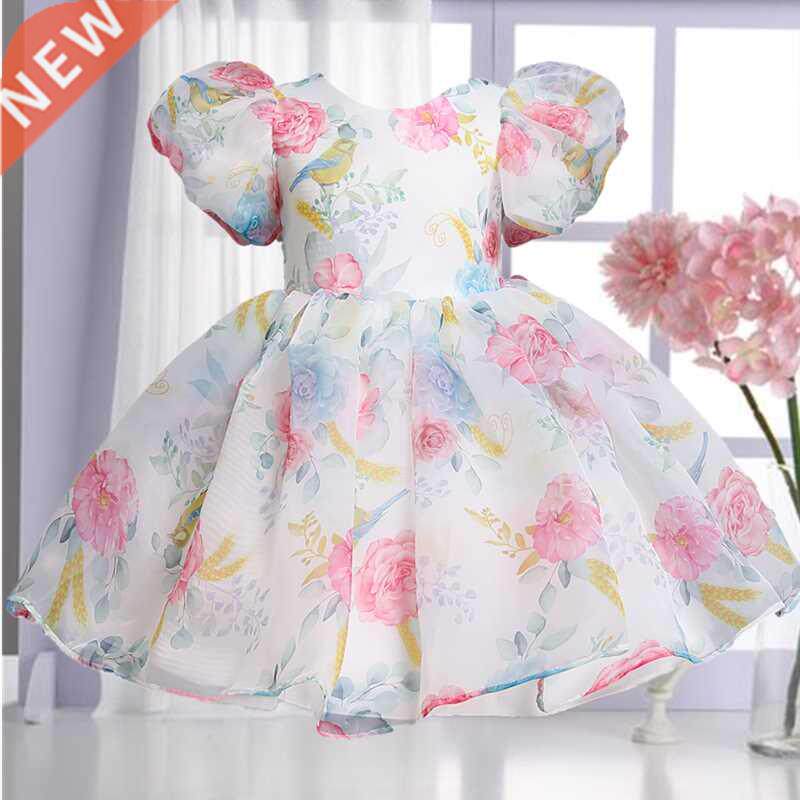 Elegant Girls Flower Puff Sleeve Dresses For Weddings Kids图片