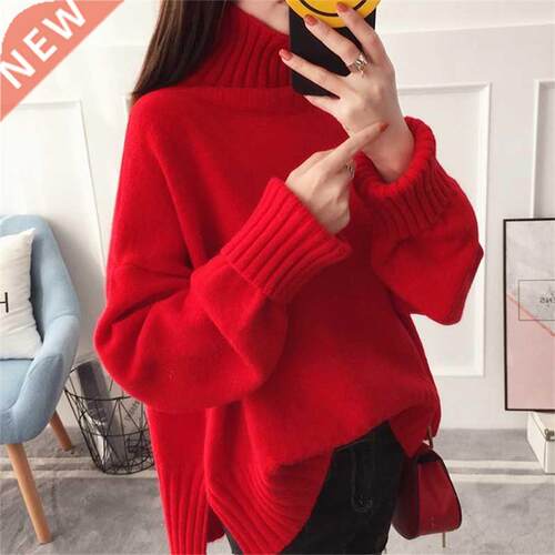 Thick High Collar Red Pink Beige Knitted Sweater Women Autum