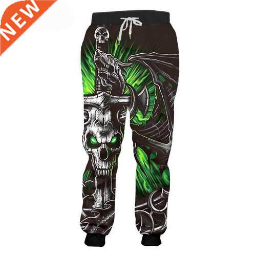 Sweatpants Men Cool Print Green Skull Horn 3D Jogger Pants