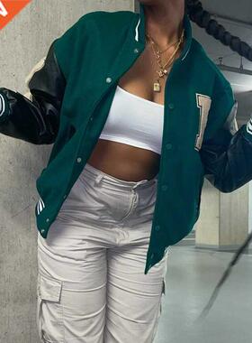 Women Leather aseall Jacket Harajuku one Letter Varsity