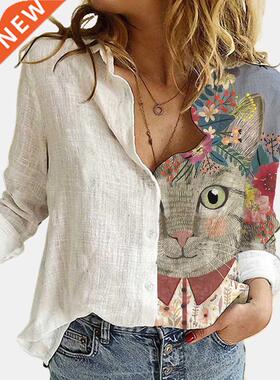 Fashion Loose Animal Cat Digital Print Women Shirt Autumn Of