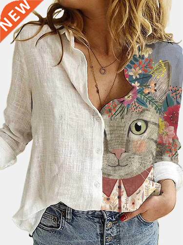 Fashion Loose Animal Cat Digital Print Women Shirt Autumn Of