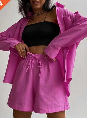 Women Tracksuits Long Sleeve Shirt With Mini Shorts Cotton S