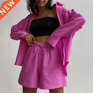 Women Tracksuits Long Sleeve Shirt With Mini Shorts Cotton S