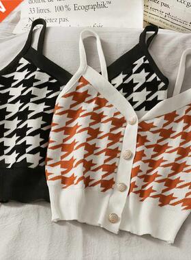 Women Casual Tank Top Houndstooth Sleeveless Sweater Top Bu