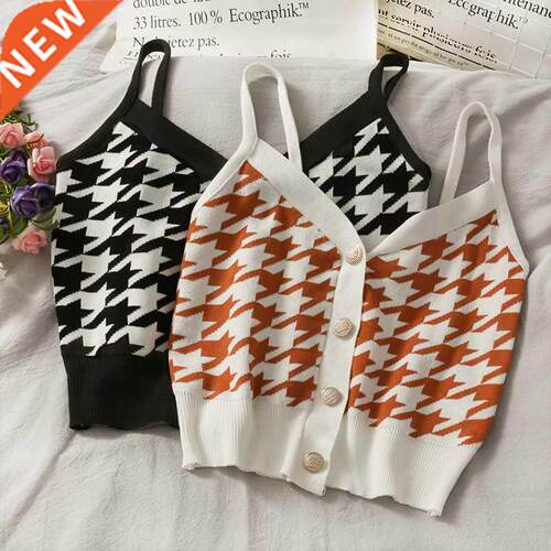 Women Casual Tank Top Houndstooth Sleeveless Sweater Top Bu