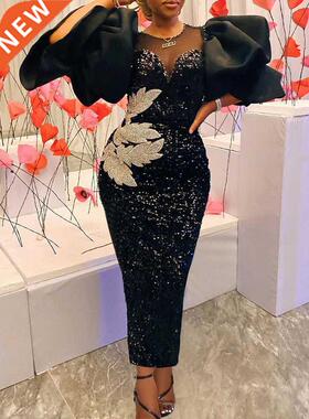 Sequn Black Dresses Velvet Embrodery Chest Wrapped Puff Sl