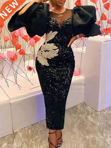 Sequn Black Dresses Velvet Embrodery Chest Wrapped Puff Sl