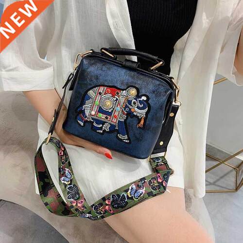 Vintage Embroidery Elephant Bag Bags Wide Butterfly Strap PU