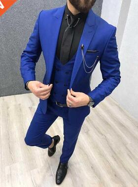 2020 Three Piece Royal lue Men Suits Peaked Lapel Custom Ma