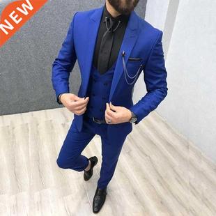 2020 Three Piece Royal lue Men Suits Peaked Lapel Custom Ma